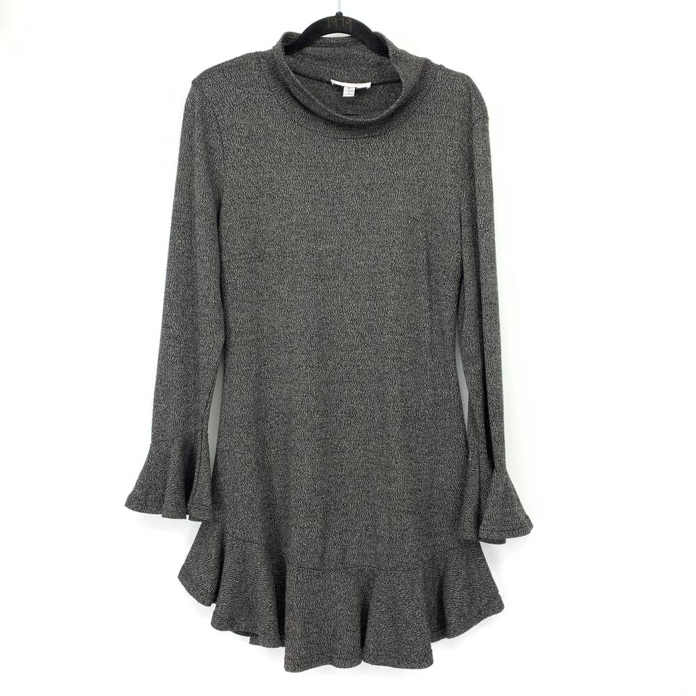 Shilla Knit Dress Ruffle Hem +Cuffs Long Sleeve Marled Gray Sweater Mini Sz L